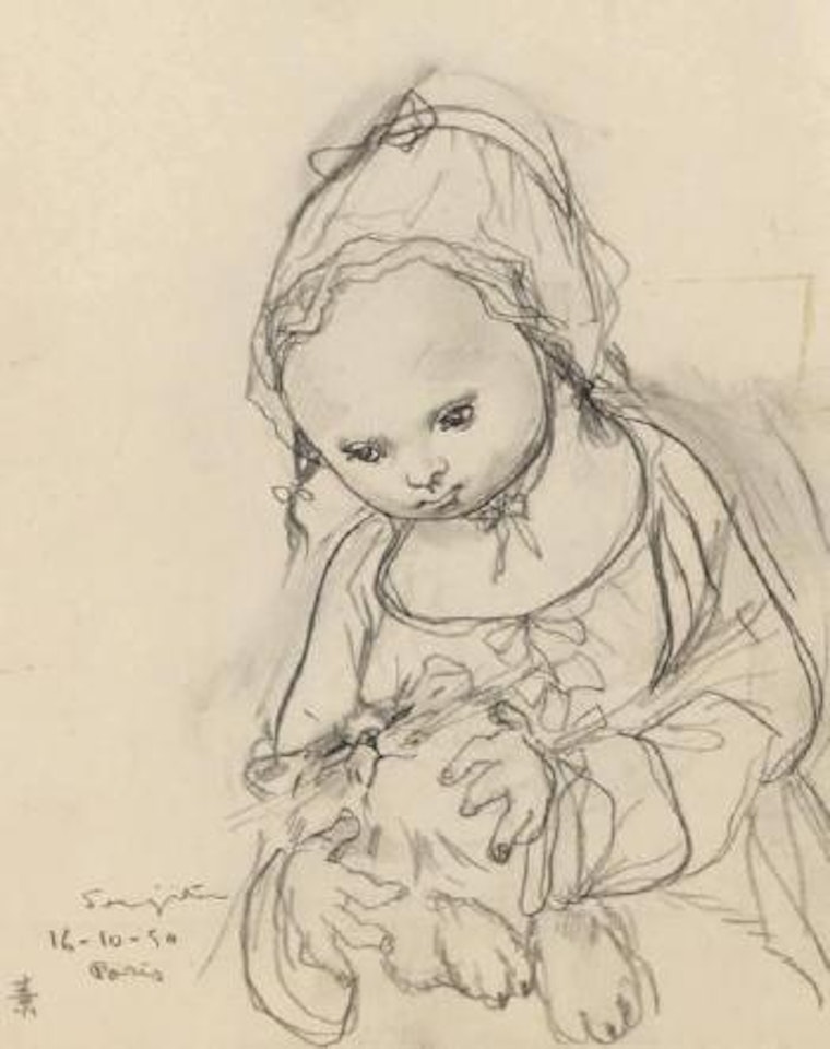 Petite fille jouant avec son chat by Leonard Tsuguharu Foujita