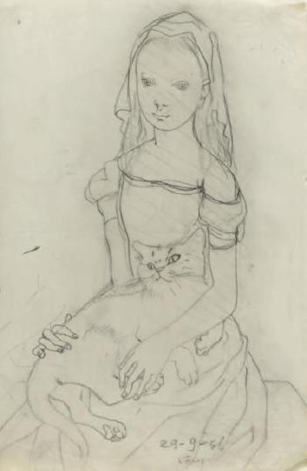 Jeune fille tenant son chat sur les genoux by Leonard Tsuguharu Foujita