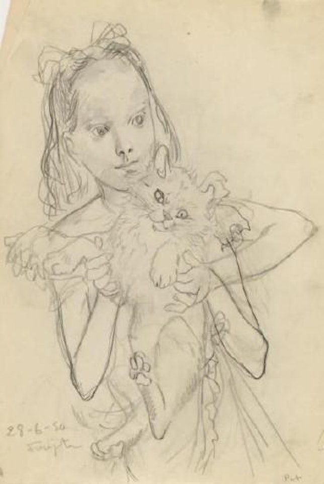 Jeune fille jouant avec son chat by Leonard Tsuguharu Foujita