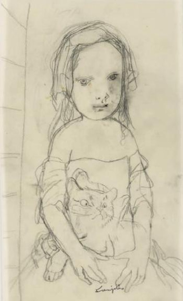 Jeune fille sous une arche avec son chaton by Leonard Tsuguharu Foujita