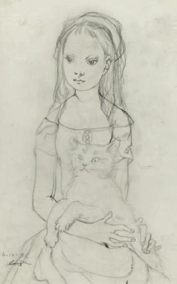 Jeune fille avec son chat sur les genoux by Leonard Tsuguharu Foujita