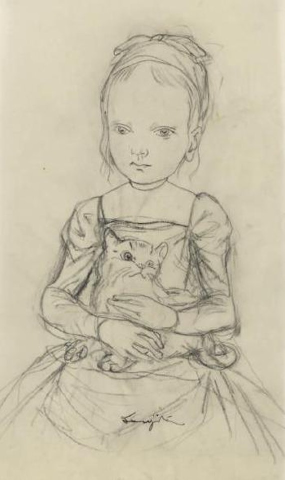 Petite fille et son chat sur les genoux by Leonard Tsuguharu Foujita