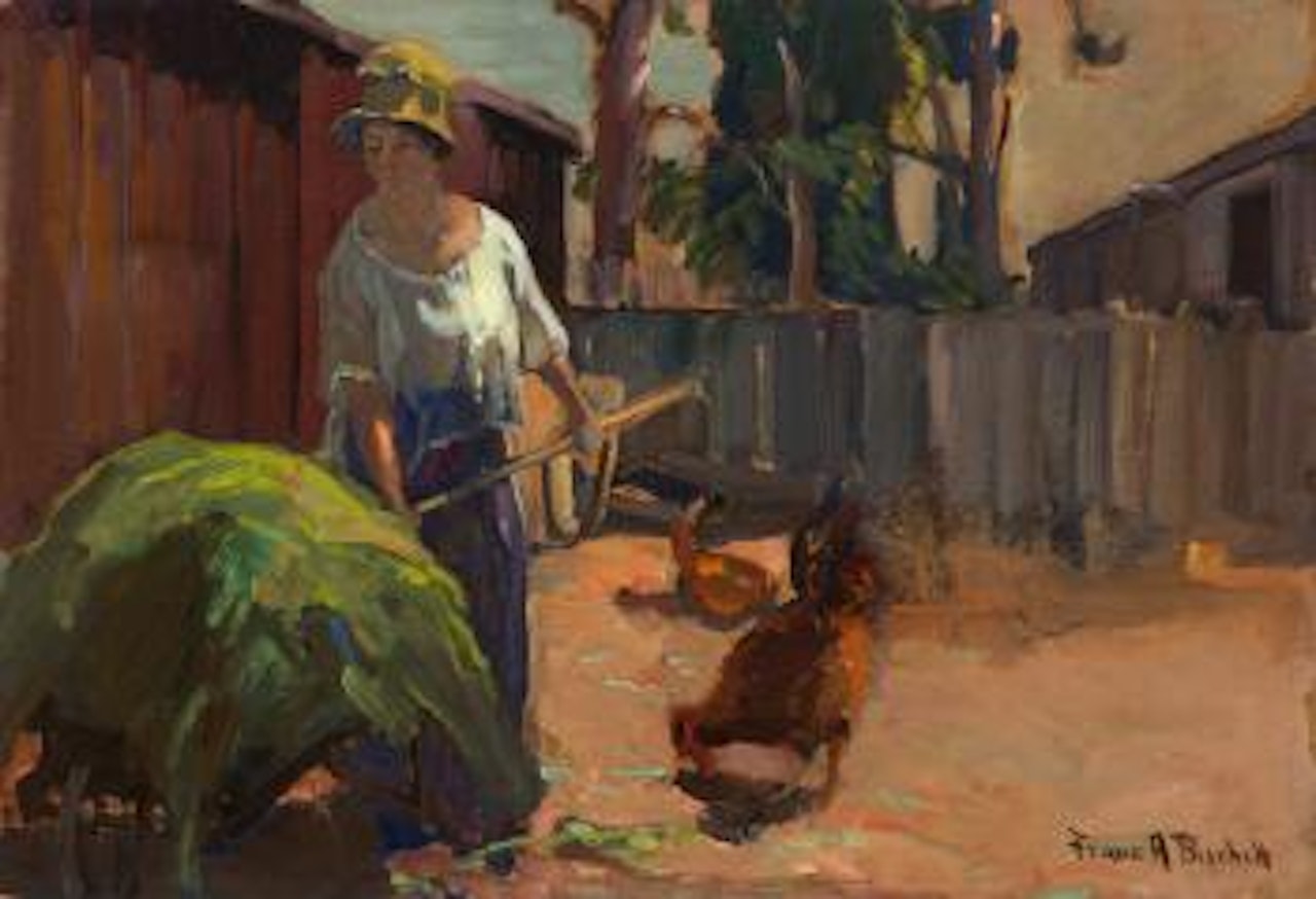 The artist's wife with a hay cart and chickens by Franz A Bischoff