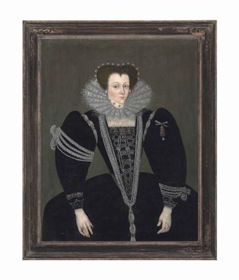 Portrait of a lady, three-quarter-length, in a black dress embellished with jewels and pearls, a lace ruff and a pearl headdress by English School