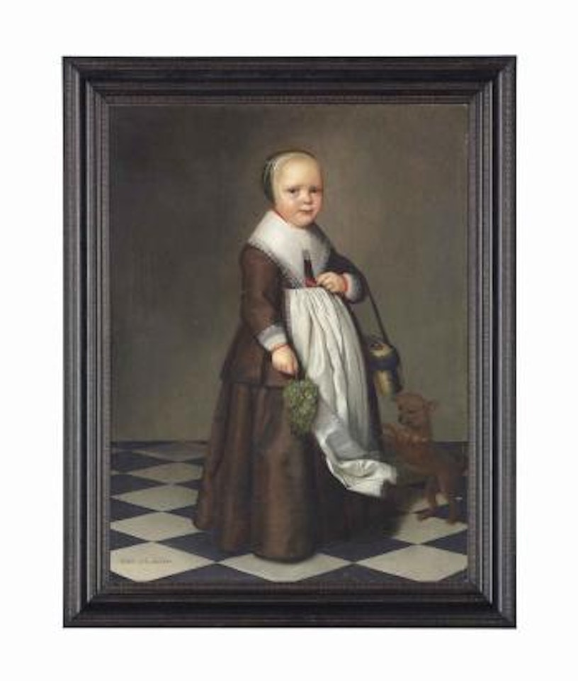 Portrait of a girl, aged 2½, full-length, in a brown dress and a white apron, coral necklace and bracelet, holding a bag and a bunch of grapes, a dog by her side by Dutch School