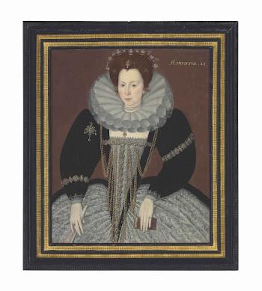 Portrait of a lady, aged 21, three-quarter-length, in a black and white dress embellished with gold chains and jewels, and a ruff, holding a book in her left hand and a fan in her right hand by English School
