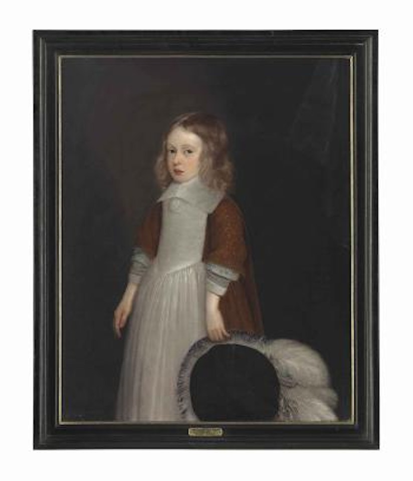 Portrait of a boy, possibly Sir Thomas Pope Blount, 1st Baronet (1649-1697), of Tyttenhanger, Hertfordshire, three-quarter-length, in a brown dress and white apron, holding a black plumed hat in his left hand, a draped curtain beyond by John Hayls