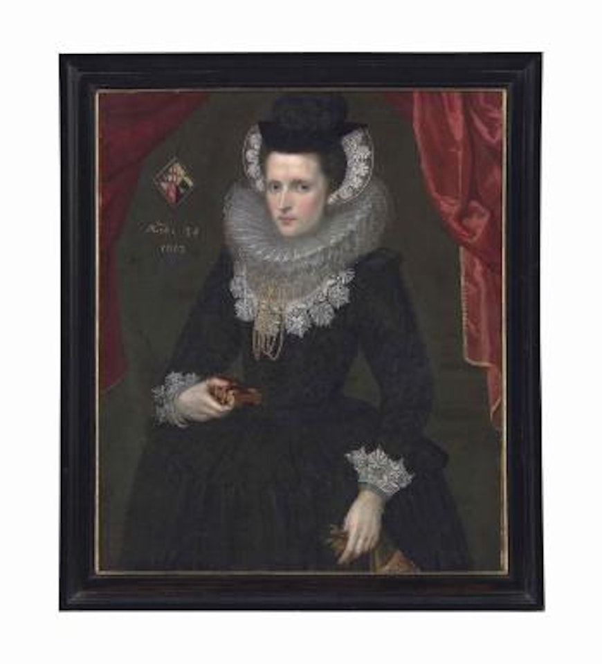 Portrait of a lady of the Derham family, probably Katherine Derham (1578-1616), aged 34, three-quarter-length, in a black dress, ruff, lace collar and cuffs, and a headdress and hat, holding a book in her right hand and gloves in her left hand by English School