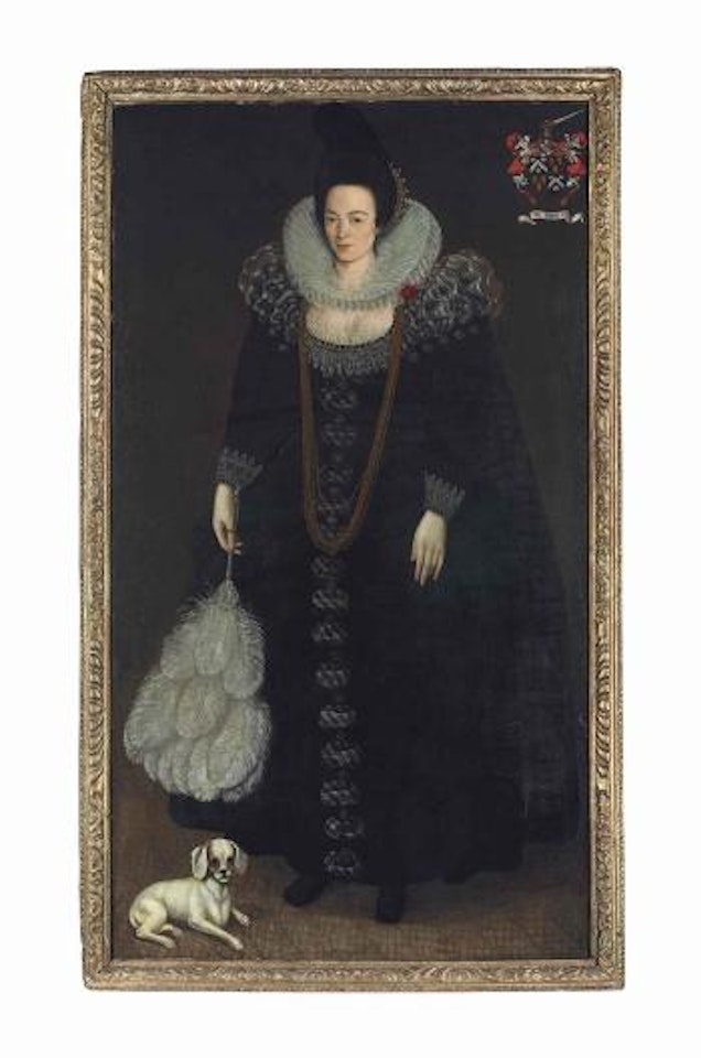 Portrait of a lady of the Sewall family, full-length, in a black dress embellished with jewels, a lace ruff and cuffs, and a gold chain, holding an ostrich feather fan in her right hand, a dog at her feet by English School
