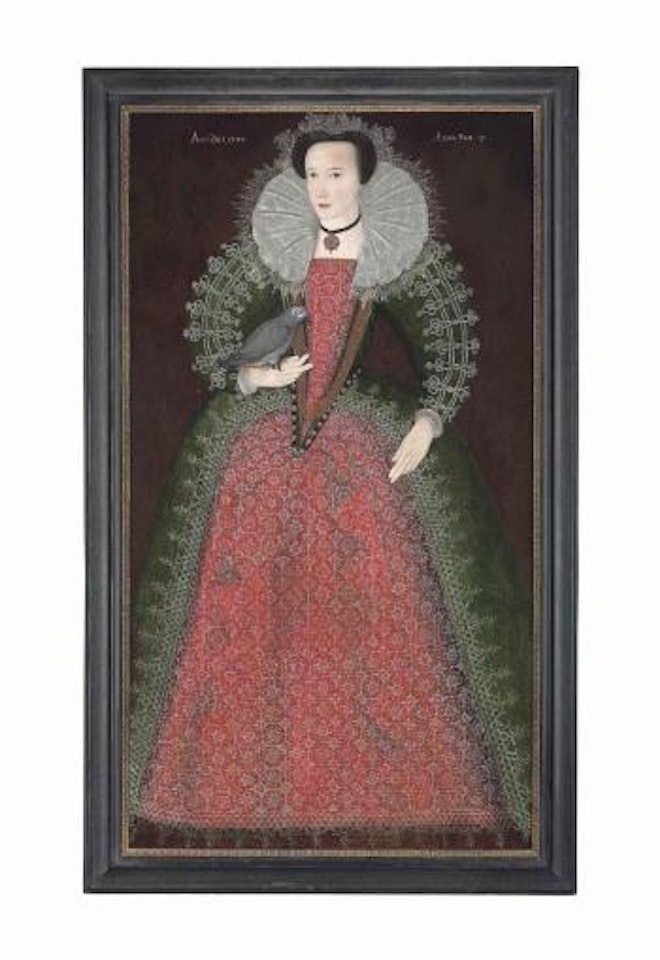 Portrait of a lady, aged 15, traditionally identified as Elizabeth Paulet, full-length, in a red and green embroidered dress with lace trim and a lace ruff, holding a cherry and a parakeet on her right hand by English School