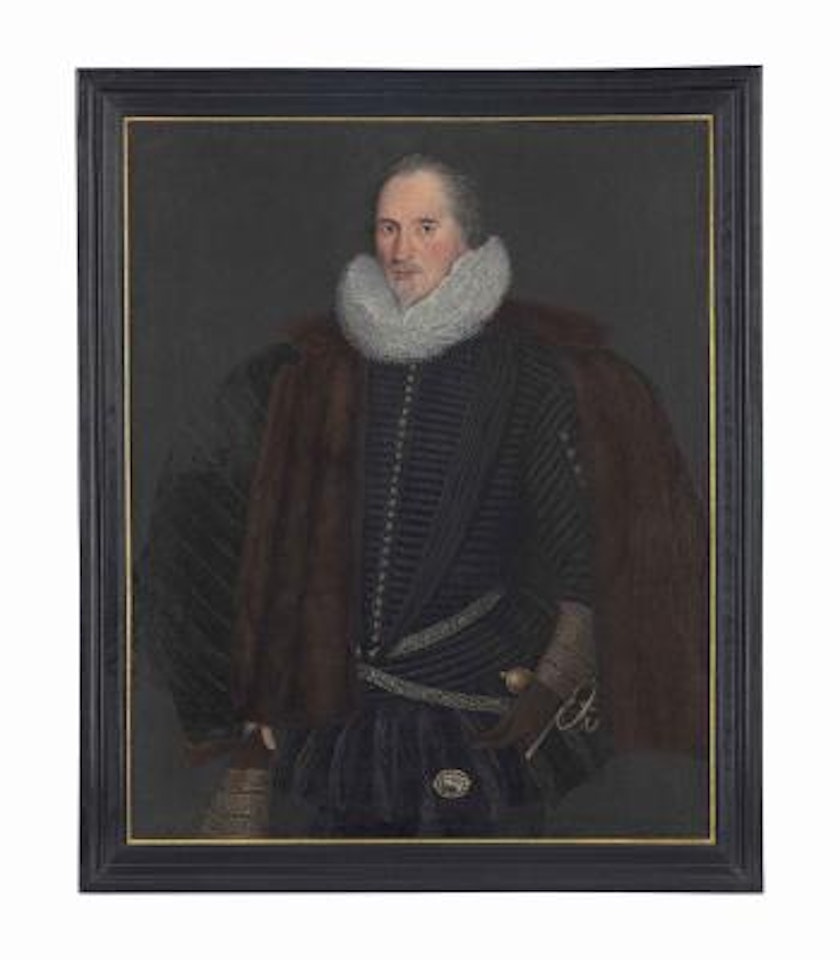 Portrait of Sir John Scudamore (1540-1623), of Holme Lacy, Herefordshire, three-quarter-length, in a black doublet and ruff, and fur-lined mantle, with a bust profile miniature pinned to his hose, his left hand resting on the hilt of his sword by English School