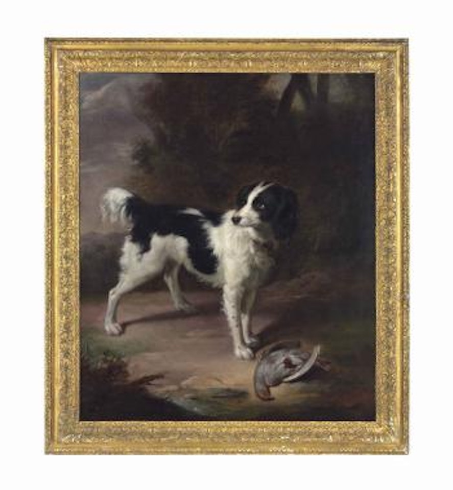 A spaniel with a dead partridge in a wooded landscape by English School