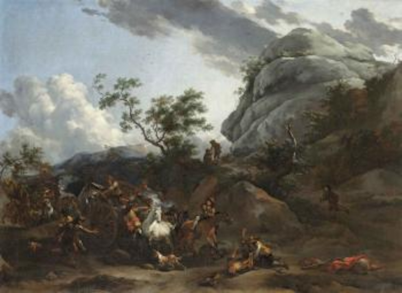A mountainous landscape with travellers being ambushed by Nicolaes Pietersz Berchem