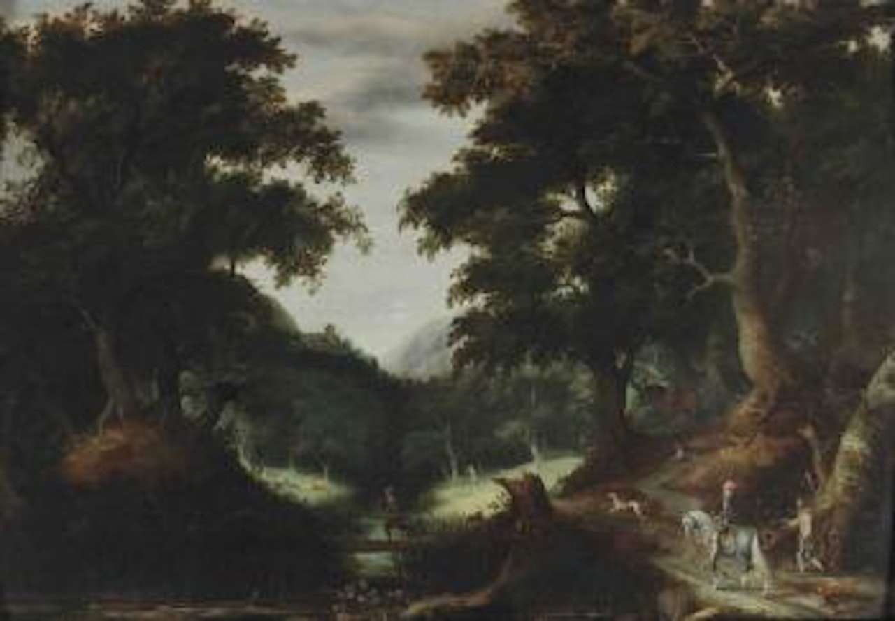 A wooded landscape with a stag hunt by Adriaen van Stalbemt