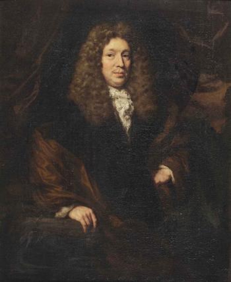 Portrait of a gentleman, three-quarter-length, in a black and brown coat, standing next to a stone ledge by Nicolaes Maes