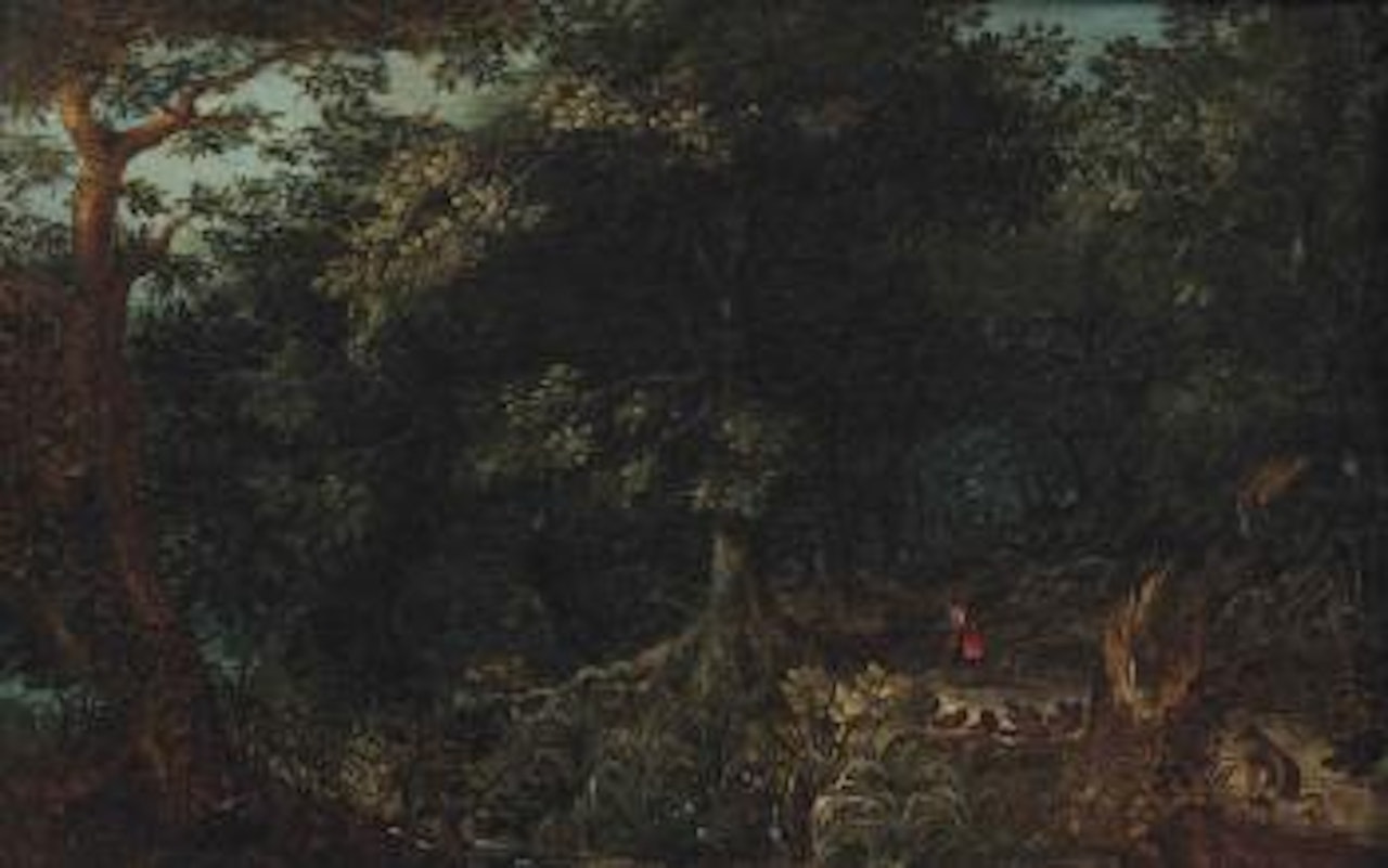 A wooded landscape with hunters on a path by Abraham Govaerts