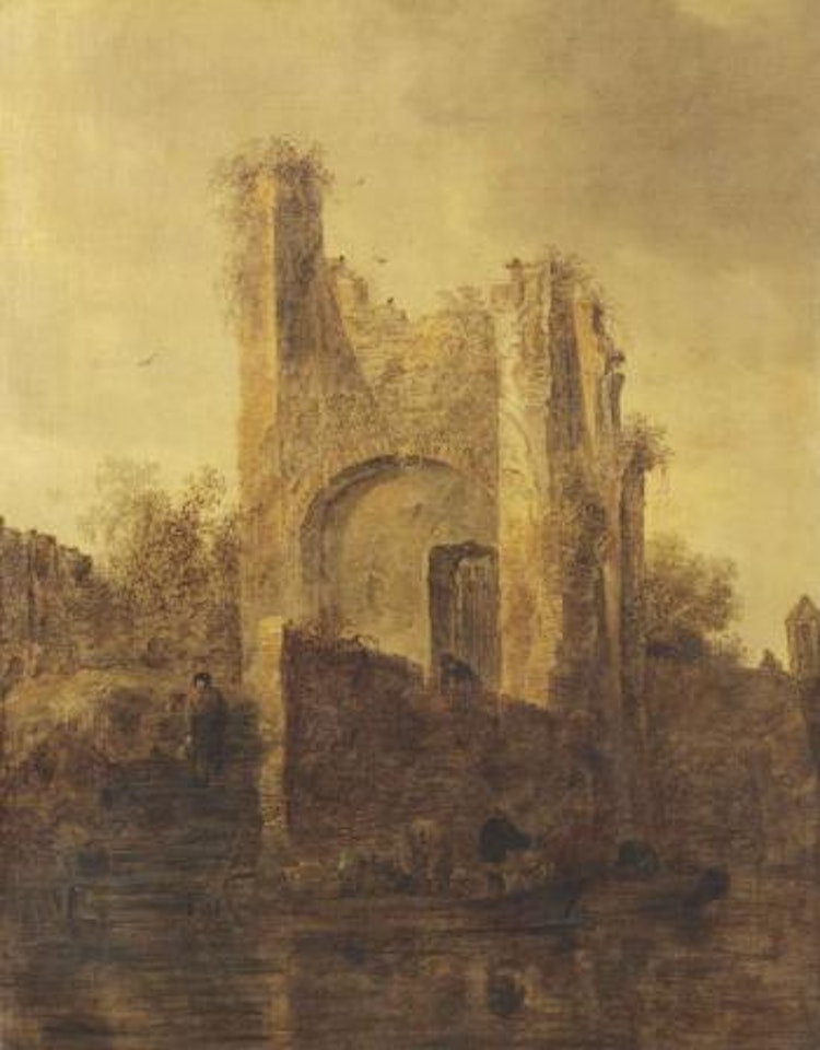 A river landscape with fishermen by a ruin on the bank by Jan van Goyen