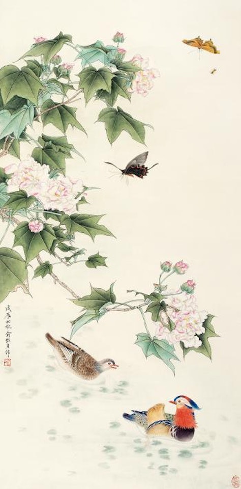 Hibiscus And Mandarin Ducks by Yu Zhizhen