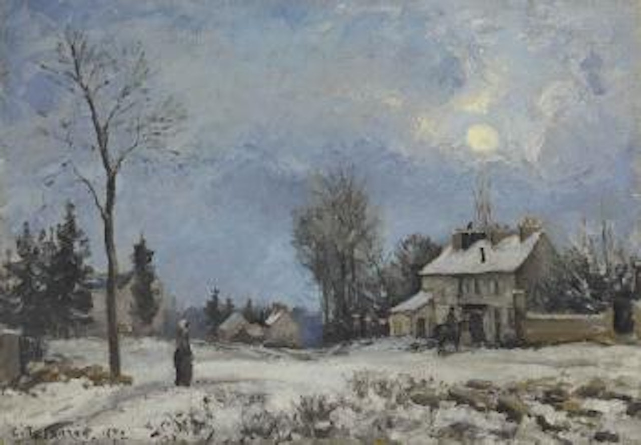 Le relais de poste, route de Versailles, Louveciennes, neige by Camille Pissarro