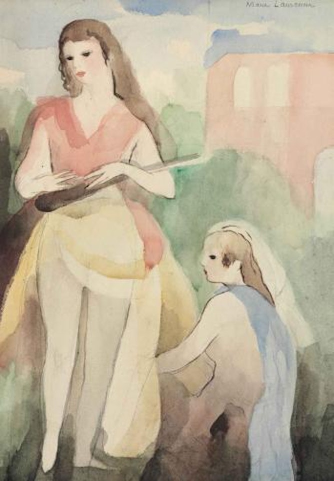 Deux jeunes femmes devant une maison rose by Marie Laurencin