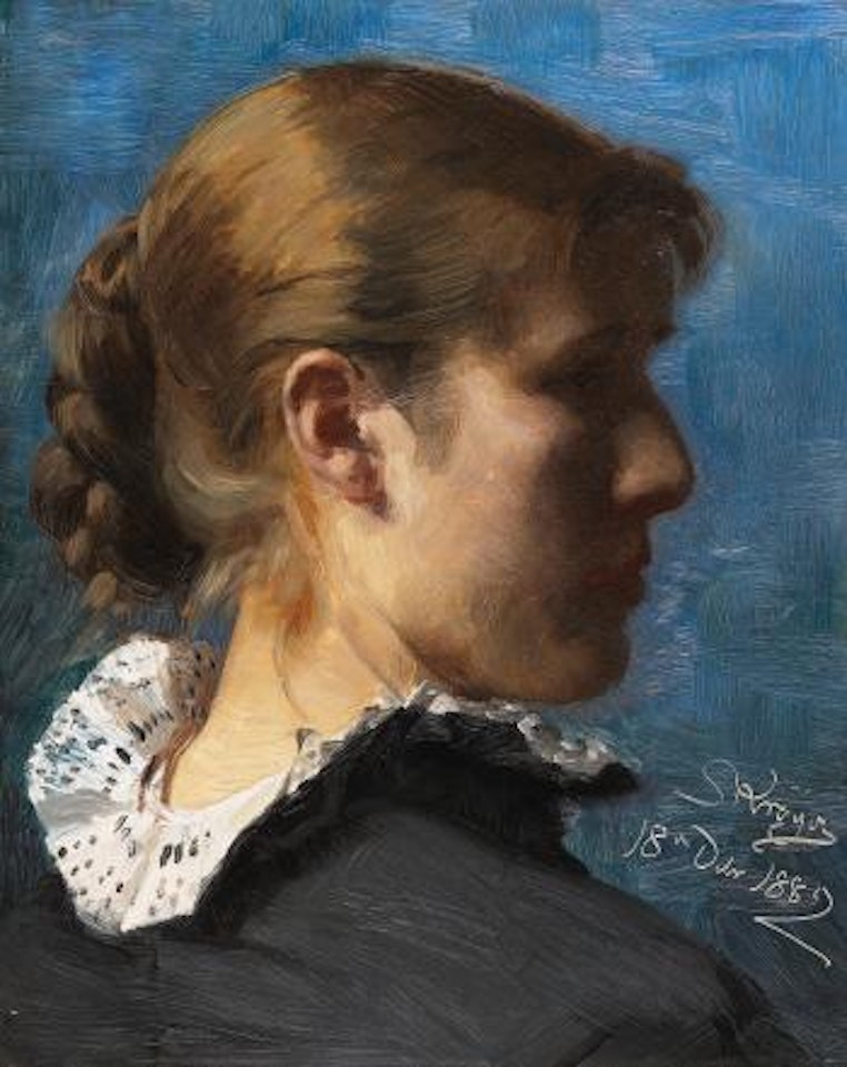 Porträt einer jungen Frau im Profil, wohl die Malerin Anna Ancher by Peder Severin Kröyer