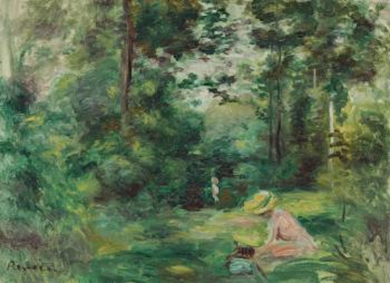 Femme lisant dans une clairière (Paysage, petite femme en rose au premier plan) by Pierre-Auguste Renoir
