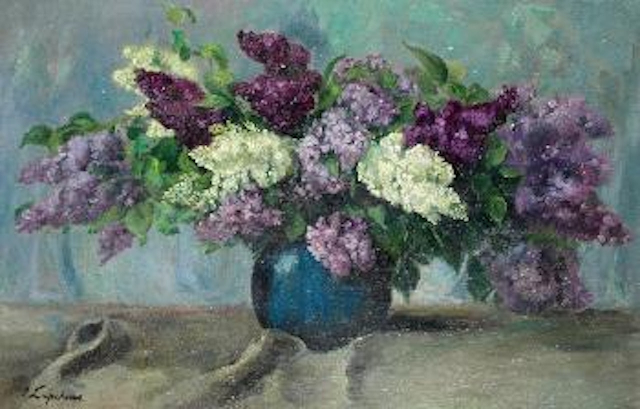 Lilacs In A Blue Vase by Georgij Aleksandrovic Lapschin
