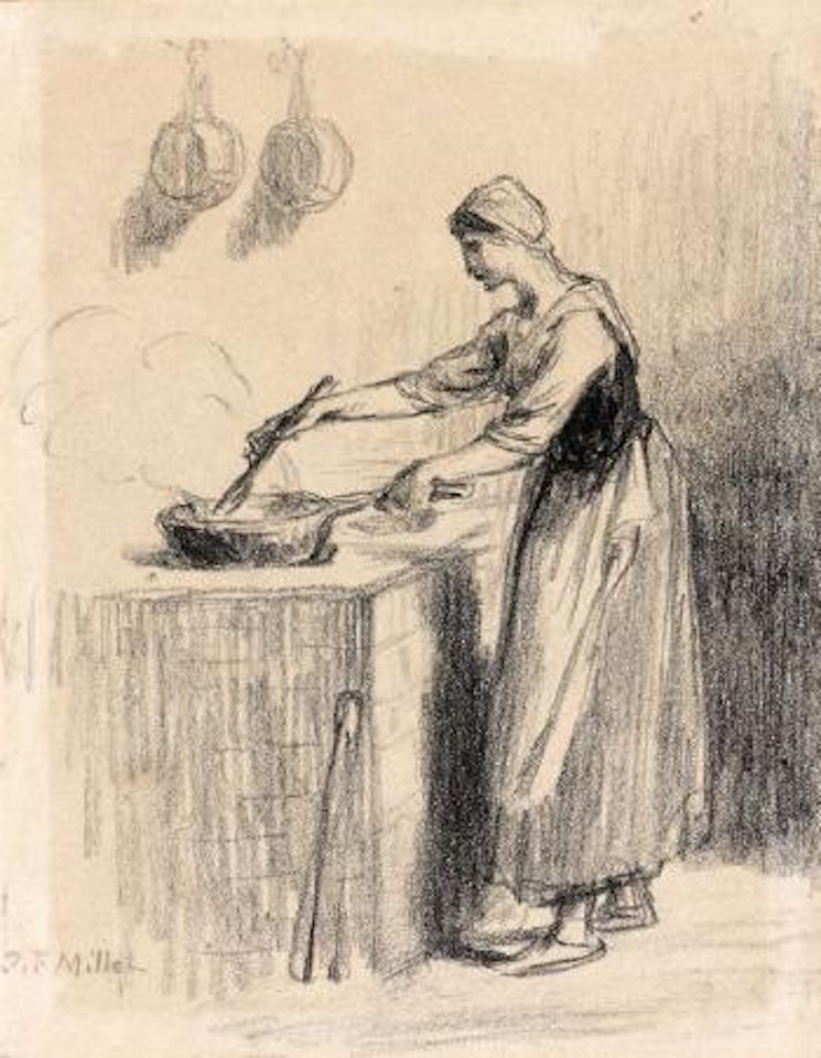 Jeune femme préparant le repas dans une poêle by Jean-François Millet