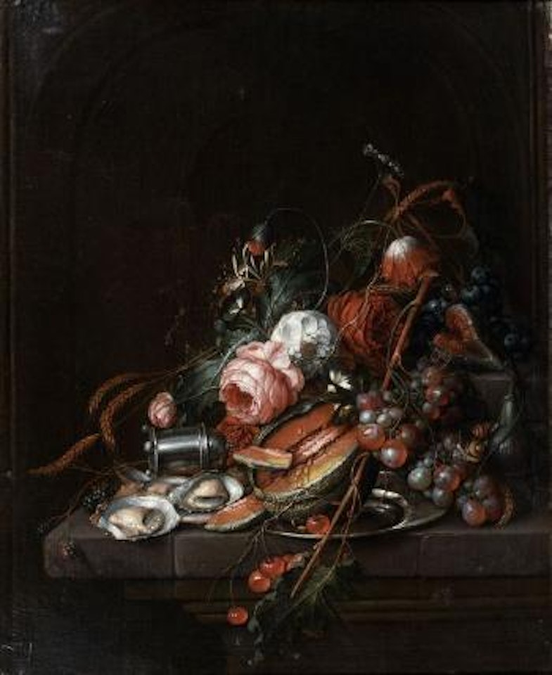 Nature morte d'huîtres, raisins, melon, cerises et roses sur un entablement by Cornelis de Heem