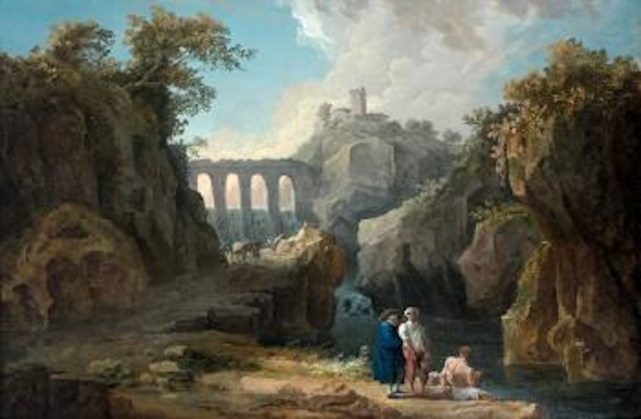 Paysage au pont animé de personnages by Hubert Robert