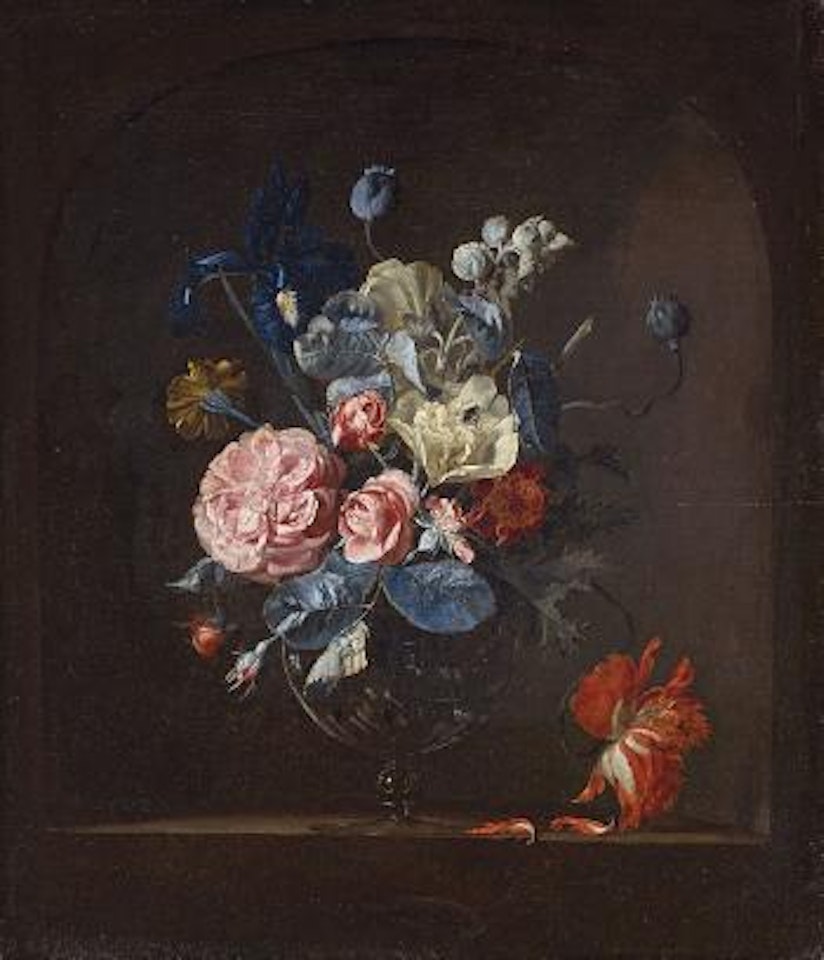 Glasvase Mit Rosen, Iris, Tagetes Und Tulpe In Einer Nische by Willem van Aelst