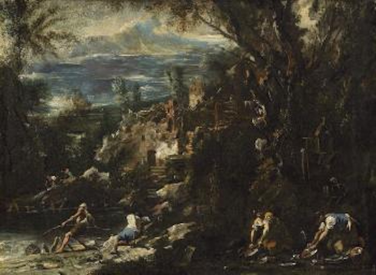 Flusslandschaft Mit Anglern Und Wäscherinnen by Alessandro Magnasco