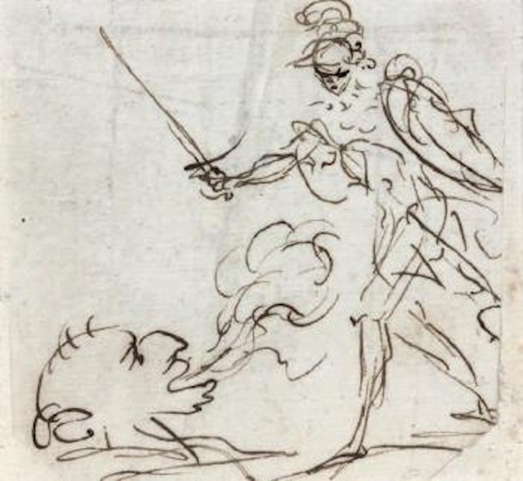 Figure armée d'une épée et caricature d'homme crachant des flammes by Pier Francesco Mola