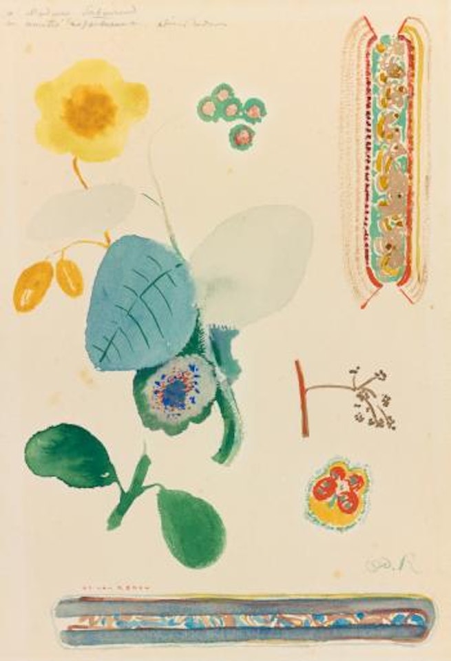Feuille D'étude: Branches Fleuries, Papillon Et Décoration by Odilon Redon