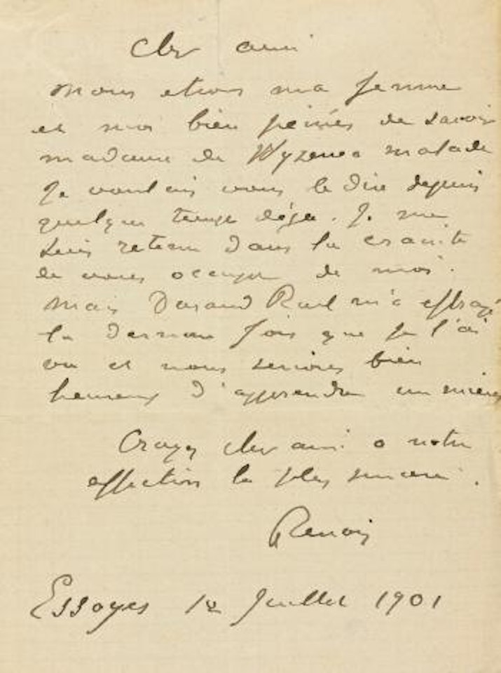 Letter From Pierre-auguste Renoir To Téodor De Wyzewa On The Subject Of Mme Wyzewa's Illness by Pierre-Auguste Renoir