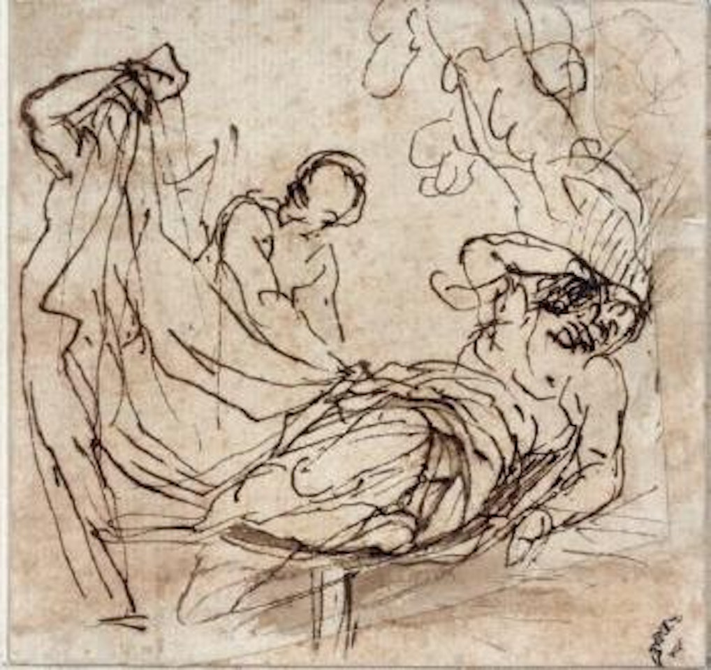 Homme souffrant allongé et entouré de deux personnes tenant un linge by Salvator Rosa
