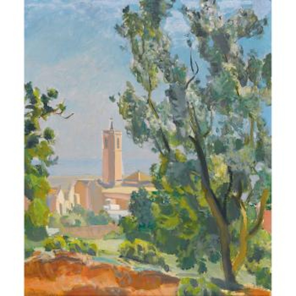 Sommerliche Landschaft mit Blick auf einen Kirchturm. by Maurice Barraud