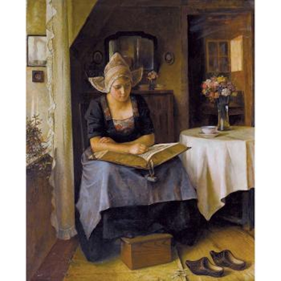 Interieur mit lesender junger Frau in holländischer Tracht. by Alois Heinrich Priechenfried