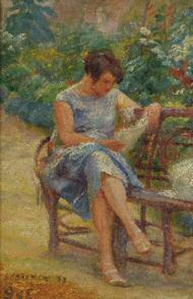 Femme lissant dans un jardin by Georges d’Espagnat
