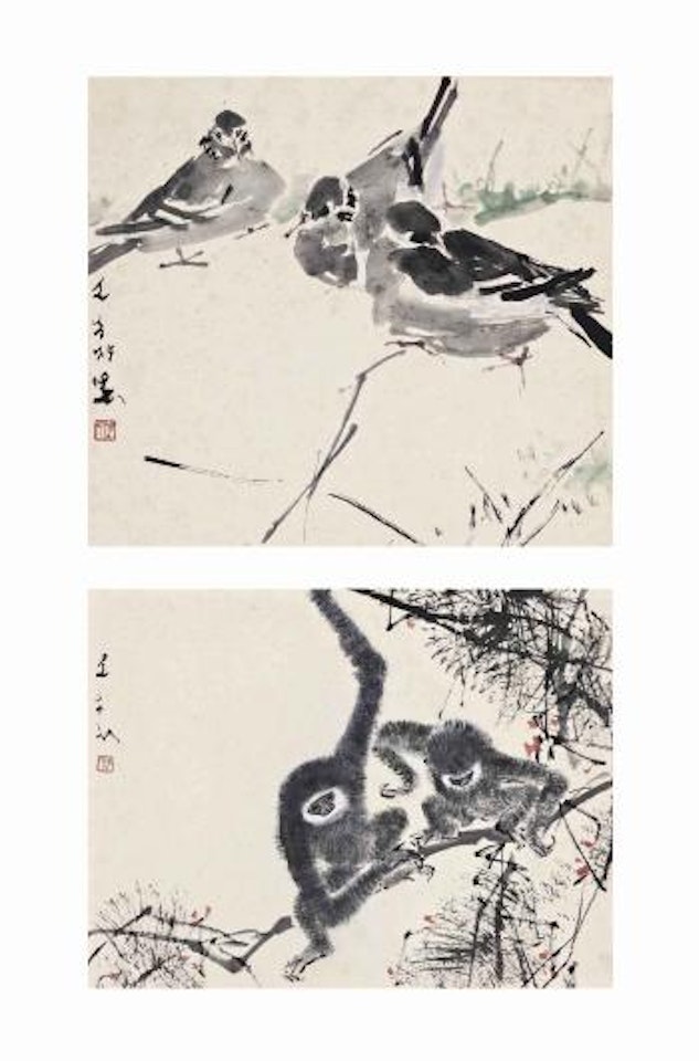 Three pigeons. Two monkeys standing on a branch by Chen Wen Hsi