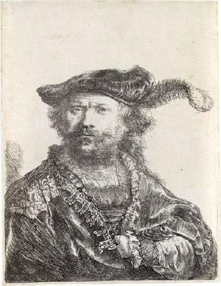 Self portait in a velvet cap and plume by Attributed to Rembrandt Harmensz van Rijn