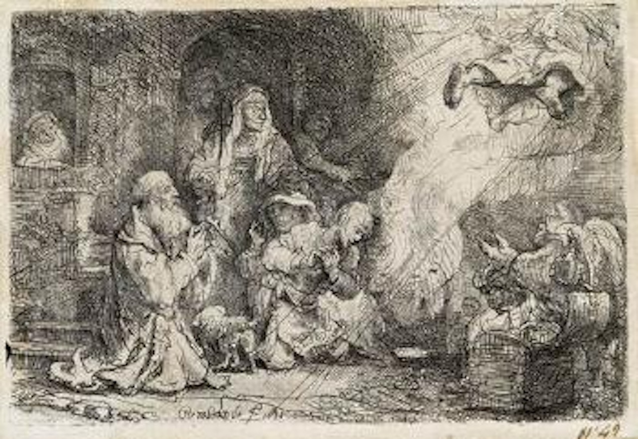 The angel departing from the family of Tobias by Attributed to Rembrandt Harmensz van Rijn