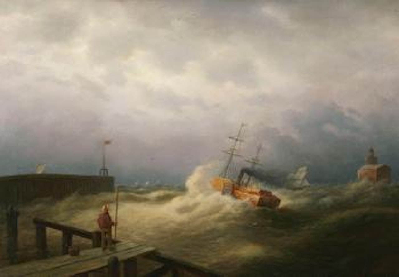Raddampfer vor einer Hafenmole by Joseph Walter Of Bristol