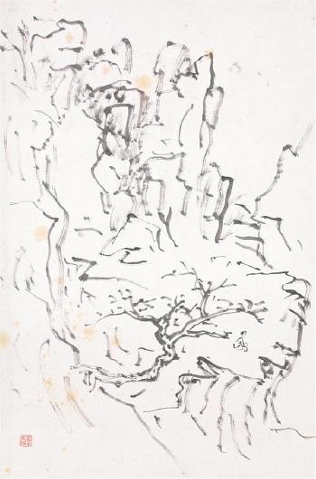 Paysage de montagne animé d'un personnage assis à l'ombre d'un arbre au tronc noueux by Huang Binhong
