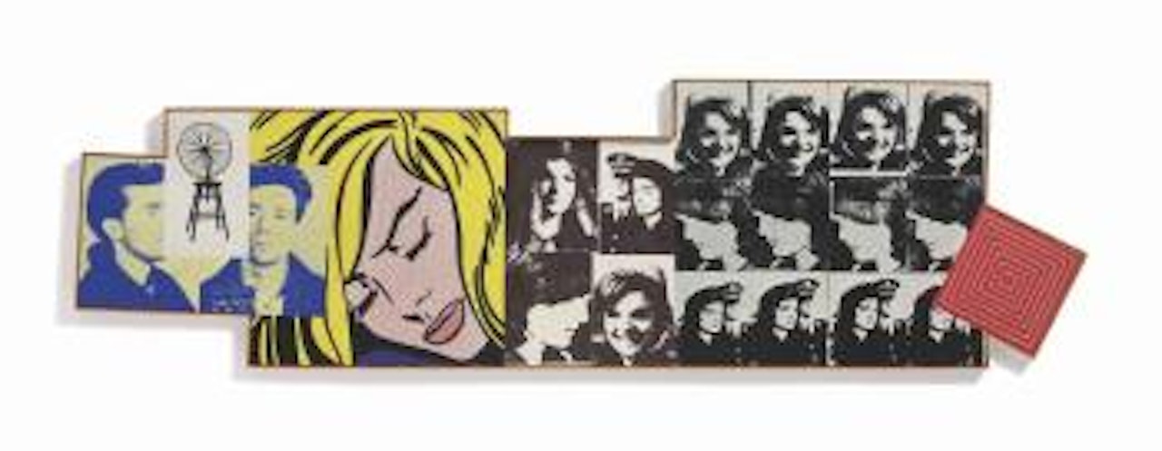 Marcel Duchamp, "Bicycle Wheel," 1913; Andy Warhol, "Most Wanted Man," 1964; Roy Lichtenstein, "Sleeping Girl," 1964; Andy Warhol, "16 Jackies," 1964; and Frank Stella, "Island #10," 1962 by Richard Pettibone