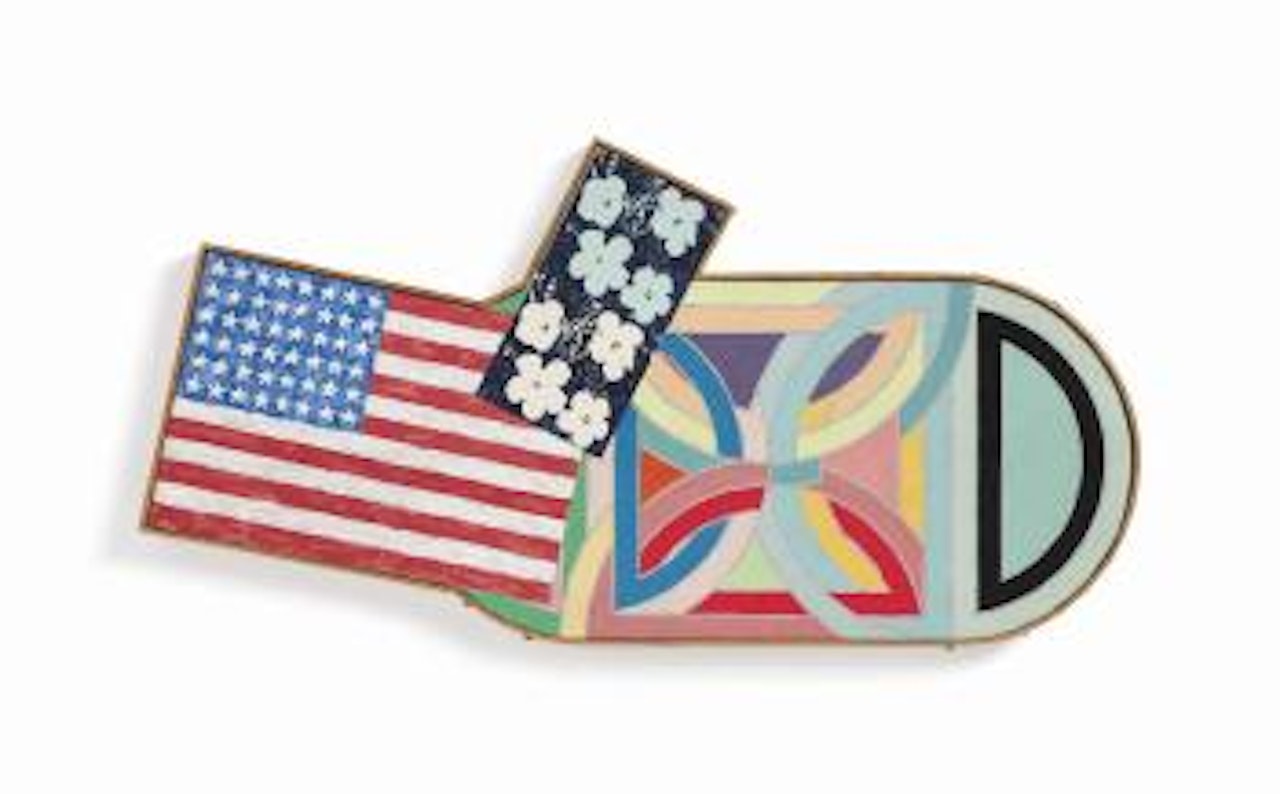 Jasper Johns, "Flag," 1954-55; Andy Warhol, "Flower," 1964 (two times); and Frank Stella, "Hiragla Variatia I," 1969 by Richard Pettibone