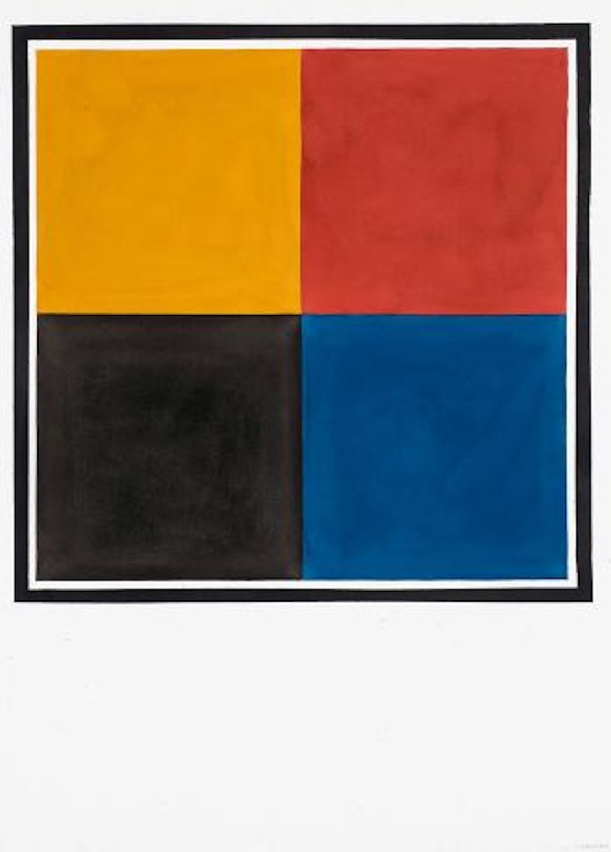 A square divided into four equal parts, with a different color in each part, surrounded by a black border by Sol LeWitt