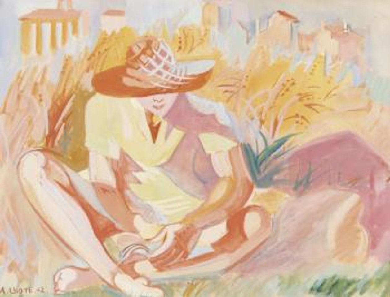 Femme au chapeau, lisant, dans un paysage de Gordes by André Lhote