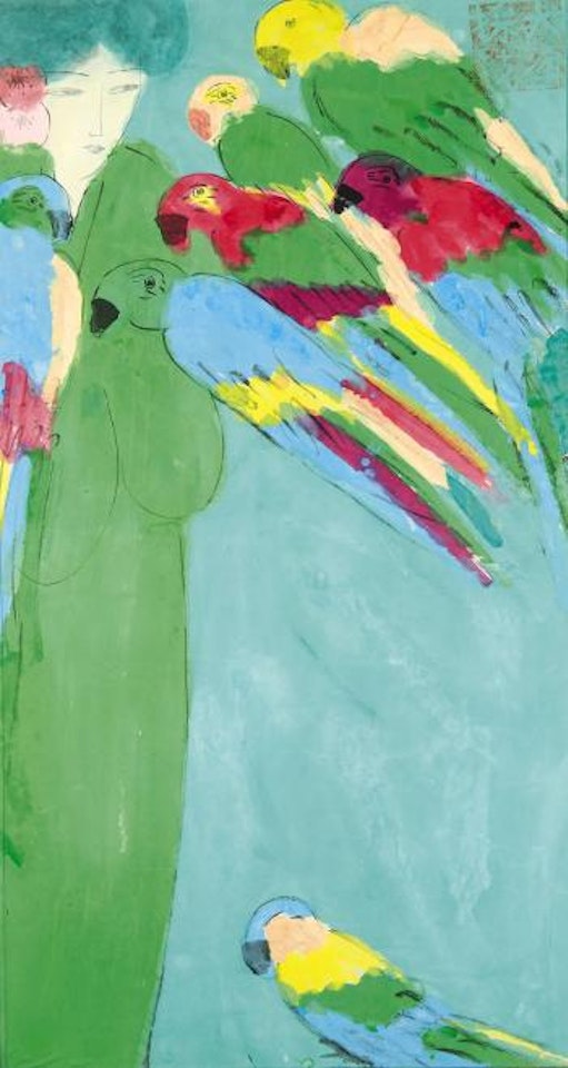Standing woman with parrots by Walasse Ting