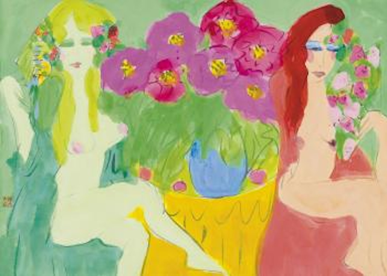 Two sitting nudes and flowers by Walasse Ting